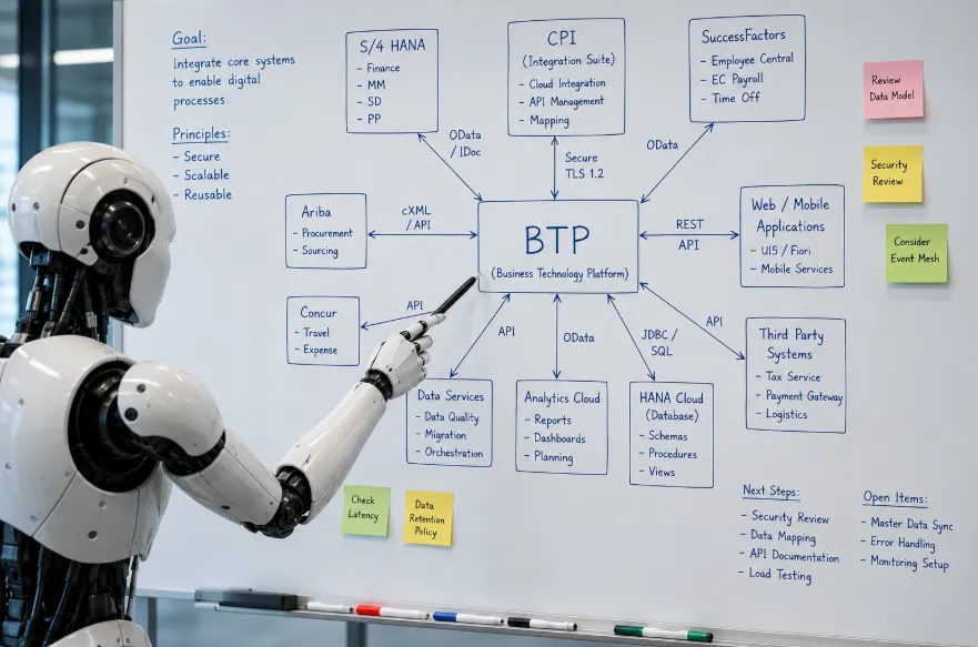 An architect mapping enterprise systems onto SAP Business Technology Platform