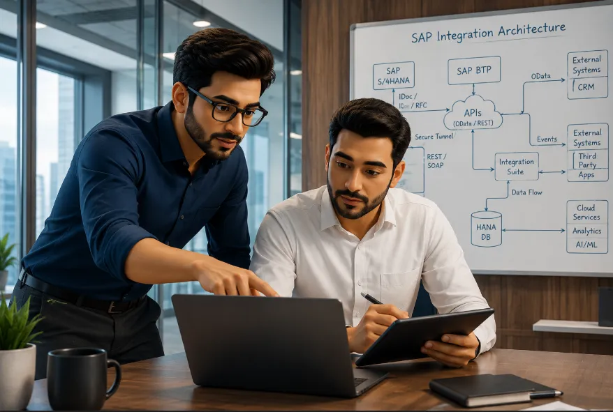 Senior consultants reviewing SAP BTP integration architecture